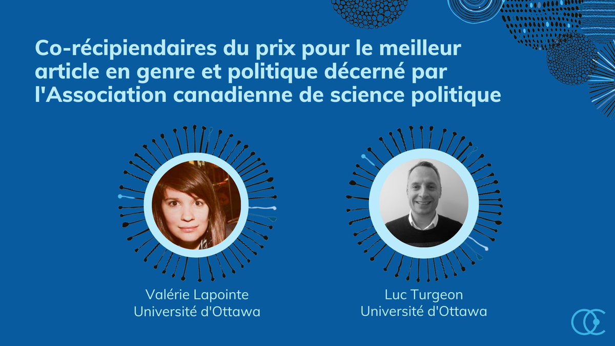 [Prix] @Valelapointe & Luc Turgeon sont co-récipiendaires du prix pour l'article en genre et politique décerné par la @cpsa_acsp (avec Kelly Gordon). Félicitations! 🥳 Pour accéder au texte 👉 tinyurl.com/mu8397sb @UOttawaPoliSci @reqef_ @SciencePo_UQAM @FRQSC
