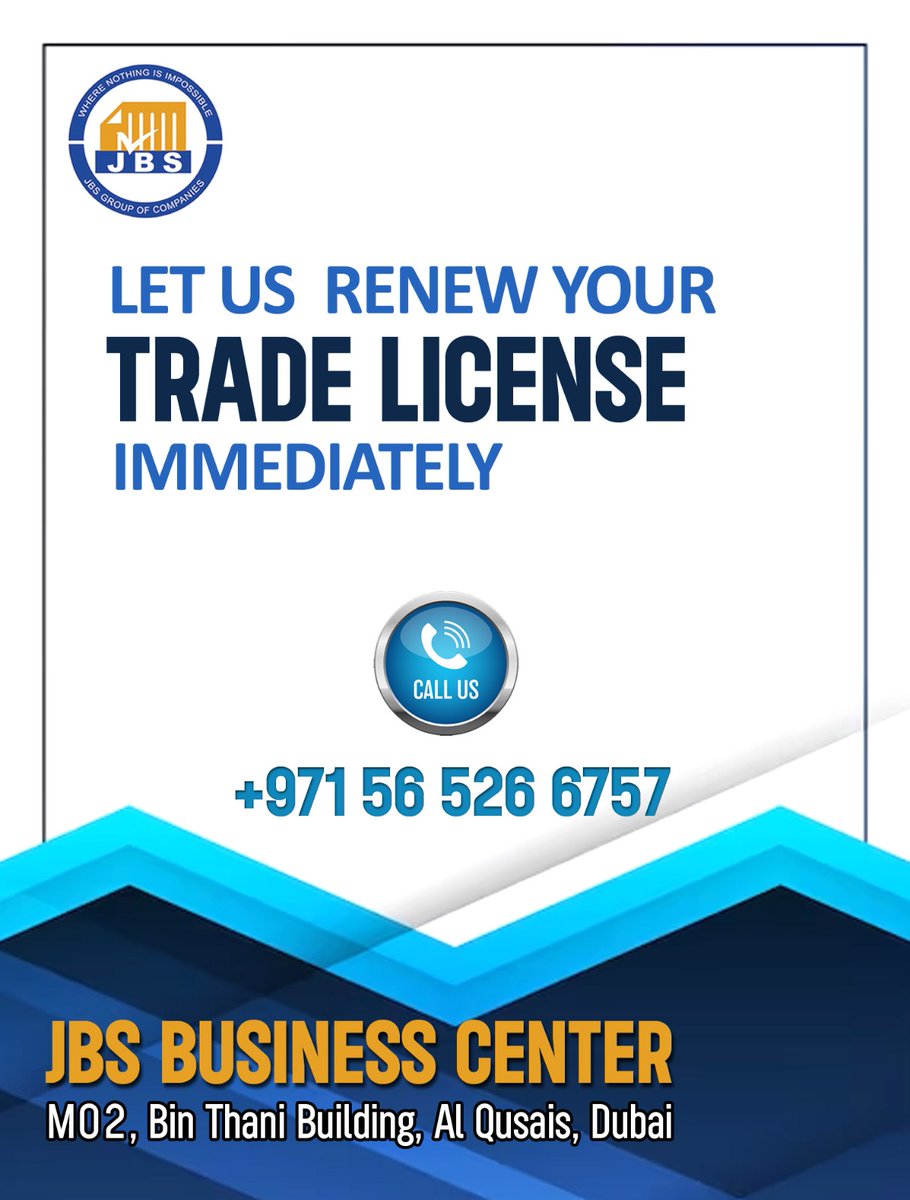 Let us Renew your TRADE LICENSE !!!
JBS business center
M02 Bin Thani building
al qusais - 2
DUBAI
#trading #License #dubai #tradelicensedubai #tradelicensse #renewal #jbsgroup #jbsgroupofcompanies