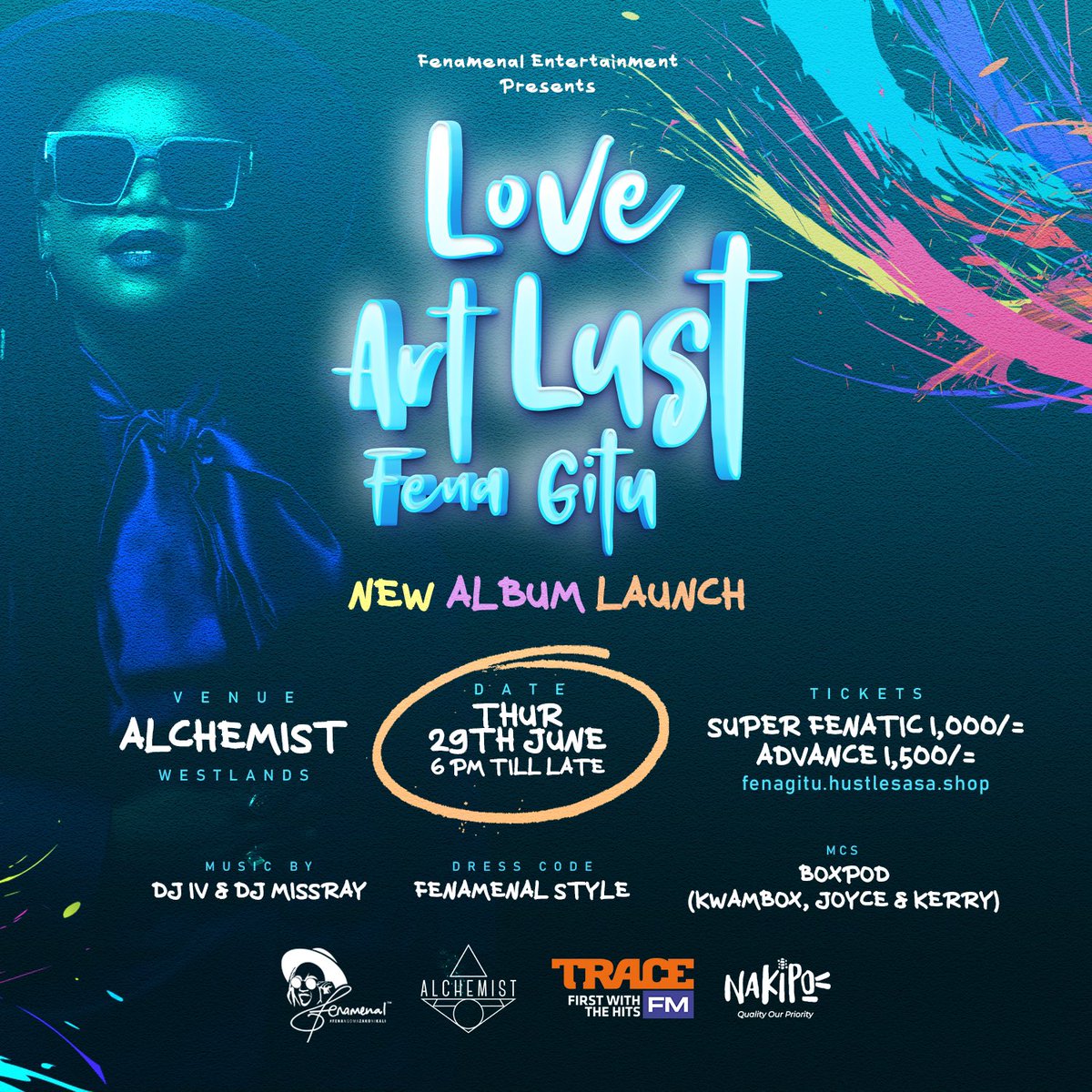 Party Time! 🎉🥳 join us as we celebrate <a href="/Fena_menal/">Fena G</a> official album launch #LoveArtLust 📅 on the 29th of June at📍@alchemist254 . 🎟️ Grab your tickets, mark the date, and lets get ready to rock! 💃🏾🕺🏾 #LoveArtLust #FenaGitu #ACE