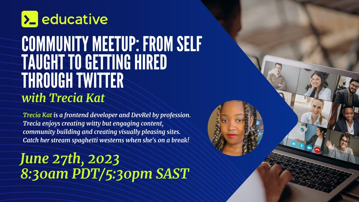 getdevpath's tweet photo. Join our upcoming communit meet up series!

Talk 1 w/ @iamCynthiaPeter -- How to write simply
Talk 2 w/ @TreciaKS -- From self taught to getting hired
Talk 3 w/ Rachel Van Liew - How @EducativeInc uses #Docker

RSVP: https://t.co/DIa8Tauo8w https://t.co/tcsFyS4uNH