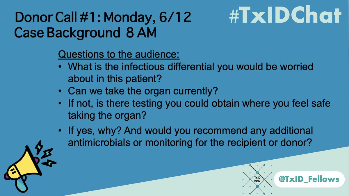 @camwolfe @GermHunterMD @dralicehan @JosephSassineMD @YoramPuiusMD @PergamIC @MichaelGIsonMD @OrlaMorris61218 @AST_IDCOP @Jmsteinbrink @DocWoc71 2/
#TxIDChat - Monday, 6/12: Case #1

Question for the audience below!  Please engage by posting your comments and using the hashtag #TxIDChat

Case resolution & discussion will be posted at 5PM! 

@StephaniePouch @AnnWoolleyMD @RazonableMD @EmilyBlumbergMD @transplantID