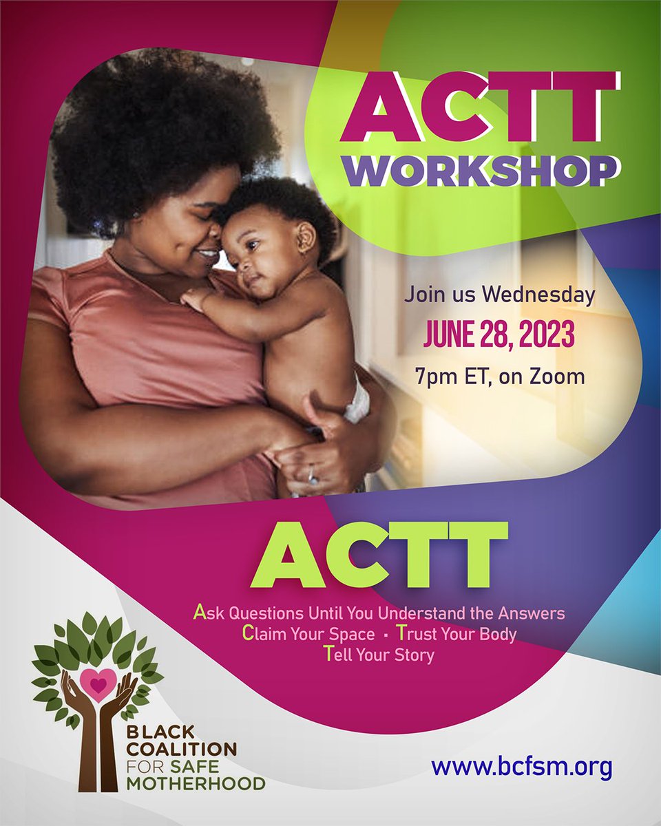 Are you registered?

Join us for our ACTT Workshop on Wednesday, June 28, 2023 at 7 pm ET on Zoom! 

Register at the link in our bio and visit our website today to find out how you can ACTT for yourself and others.

#BlackMaternalHealth #BirthEquity #MaternalEquity #BirthJustice