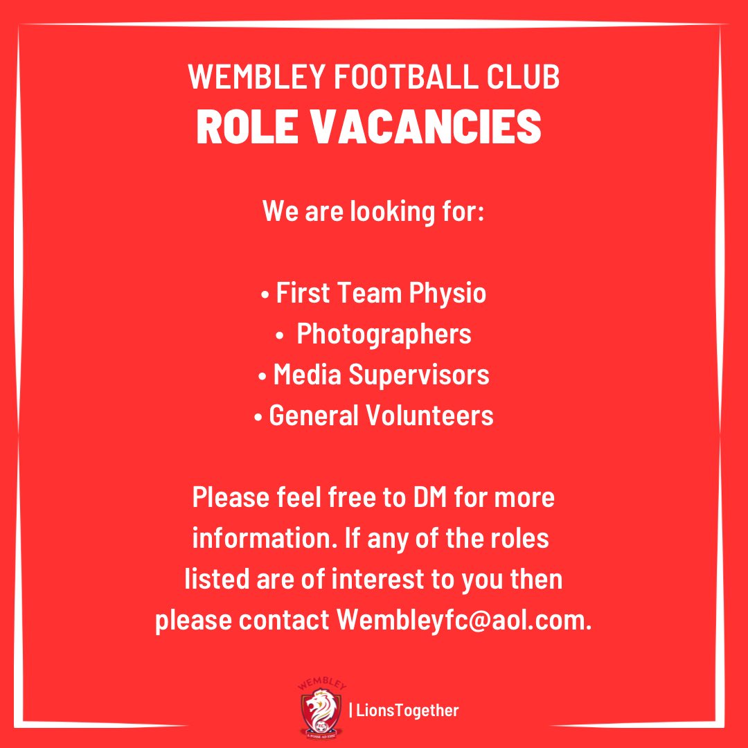 Opportunities available to be apart of your local club. Get in touch if you think you can add to our team of Staff at Vale Farm. 📥

🦁 #LionsTogether