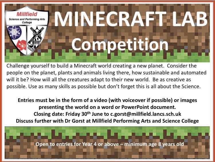 GorstMillfield's tweet photo. Primary Competition in Minecraft: Demonstrate your skills in Minecraft and Science by building a new planet of the future. Details on the attached poster @bainesendowed @StanahPrimary @ThorntonOwls @Royles_Brook @AnchorsholmeAPS #TeamMillfield #BeExceptional https://t.co/tXYVsOQJww