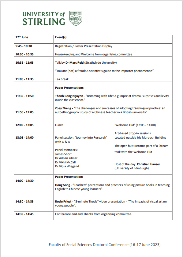 FssDocConf's tweet photo. The Programme for our FoSS PGR Conference on Friday 16 and Saturday 17 June 
Bring sun protection 🌞 https://t.co/pHFRHR5sp2