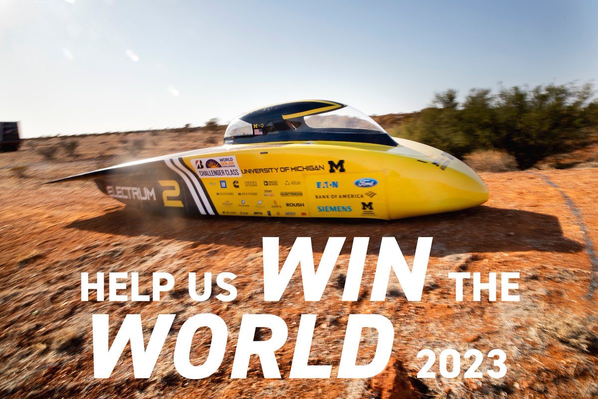 UMSolarCarTeam's tweet image. Calling all Michigan Solar Car friends, family, and supporters! Building and racing a world-class solar car is a monumental financial challenge. We need your help to WIN THE WORLD! Visit umsolar.com/win-the-world to donate or for more information.

#UMichSolarCar #WintheWorld