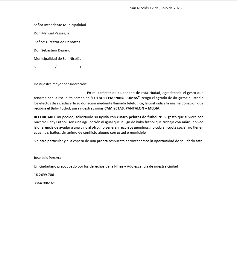 gracias por tener encuenta a estas guerreras y hacerlas parte de esta ciudad con la donacion de indumentaria y pelotas , gracias por el llamado telefonico avisandonos,adjuntamos nota como lo solicitaran de deportes. <a href="/manupassaglia/">Manuel Passaglia</a>