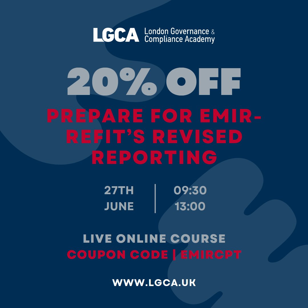 Learning Objective for Our Upcoming EMIR-REFIT Course

𝗕𝗼𝗼𝗸 𝘆𝗼𝘂𝗿 𝘀𝗽𝗼𝘁 𝗮𝘁 𝗮 𝟮𝟬% 𝗱𝗶𝘀𝗰𝗼𝘂𝗻𝘁 𝘂𝘀𝗶𝗻𝗴 𝘁𝗵𝗲 𝗰𝗼𝗱𝗲 EMIRCPT | lgca.uk/event/emir/

𝗛𝘂𝗿𝗿𝘆 𝘂𝗽! 𝗧𝗵𝗶𝘀 𝗼𝗻𝗲 𝘄𝗶𝗹𝗹 𝗳𝗶𝗹𝗹 𝘂𝗽 𝗾𝘂𝗶𝗰𝗸𝗹𝘆. #EMIR #REFIT #EMIRREFIT