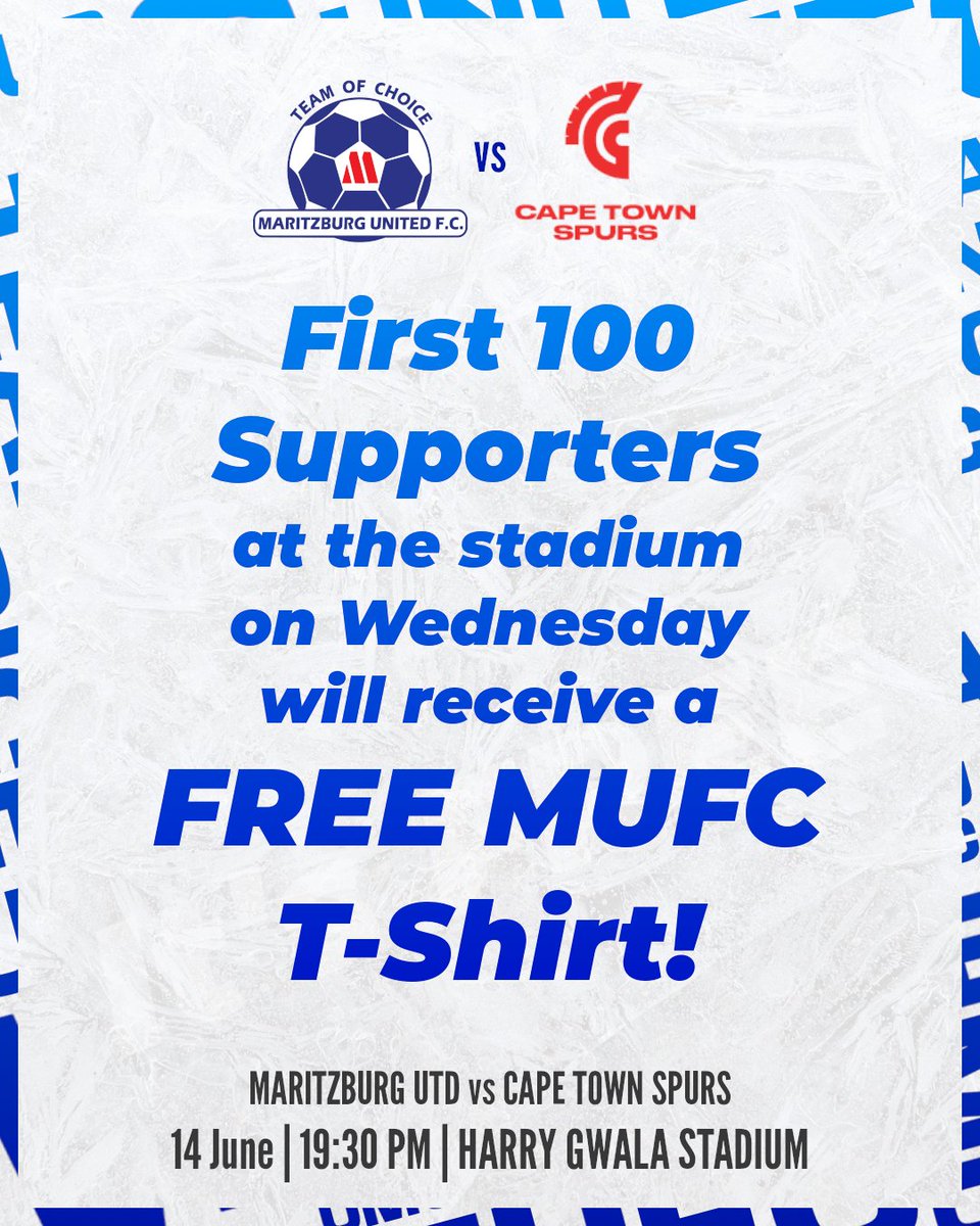 MaritzburgUtd's tweet photo. 📢 The first 100 supporters at the stadium on wednesday will get a FREE MUFC T-Shirt!

Collect a Free ticket at MUFC Office: 397 Victoria Road from Monday - Wednesday (before 2PM) and also at Harry Gwala Stadium entry gates on Wednesday after 2PM

Let's #FillUpHarryGwalaStadium💙 https://t.co/MNHxF0VD8F