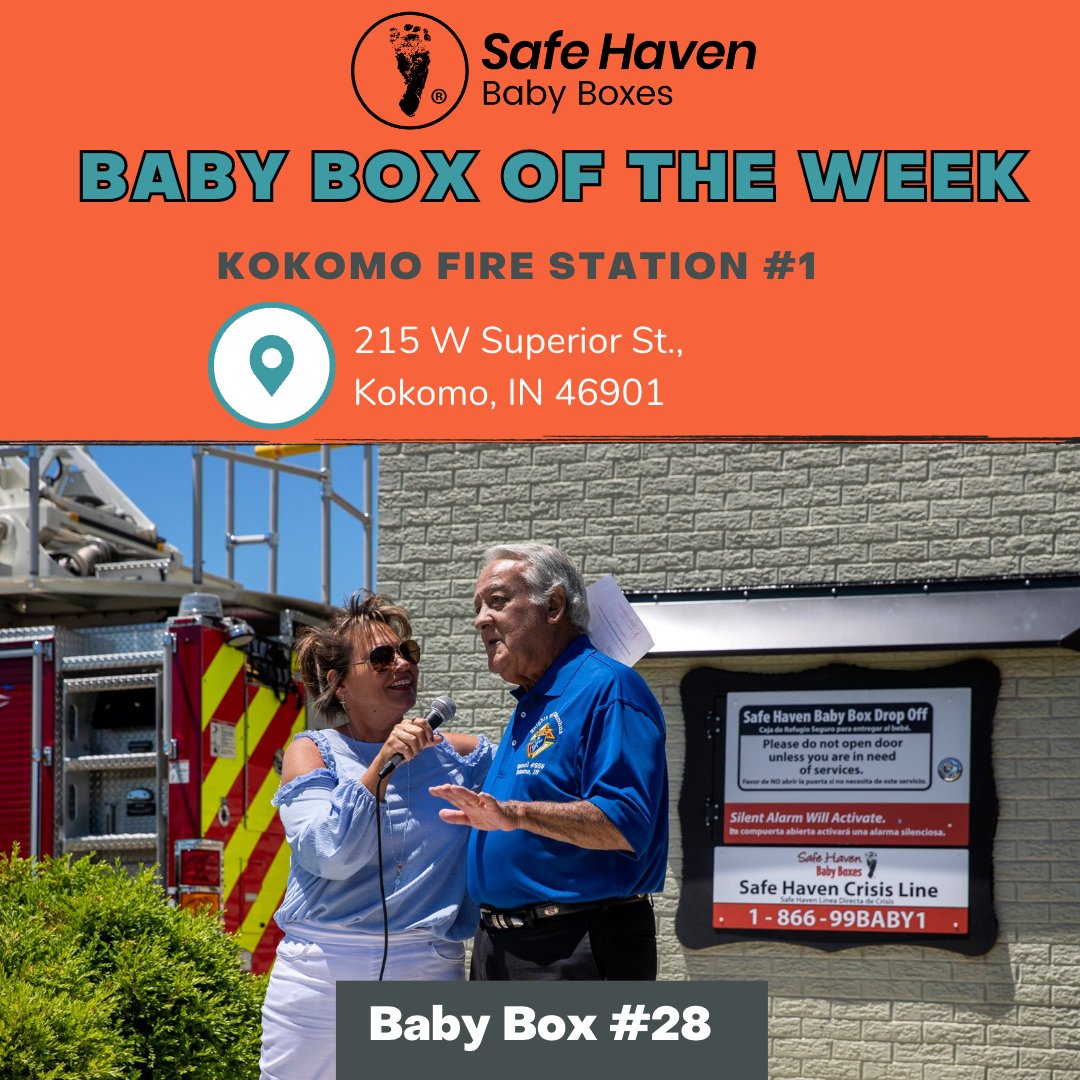 SAFE HAVEN BABY BOX OF THE WEEK:
This week we are highlighting Kokomo Fire Station

It is located at 215 W Superior St., Kokomo, IN  46901

Kokomo's Baby Box was blessed and made available on
June 11, 2020. It is the 28th Baby Box in the nation.
