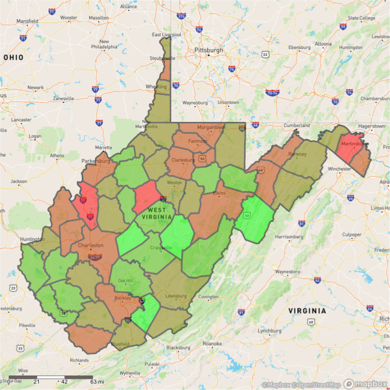 EconomicsShiny's tweet photo. Gilmer County is where houses sell the fastest in West Virginia. According to https://t.co/XptZxZpe6T, median list price is $155000, and properties sell after 24 days. Map shows fast (=red) and slow (=green) selling counties  #alteryx #rstats https://t.co/rFrrIMzBwM