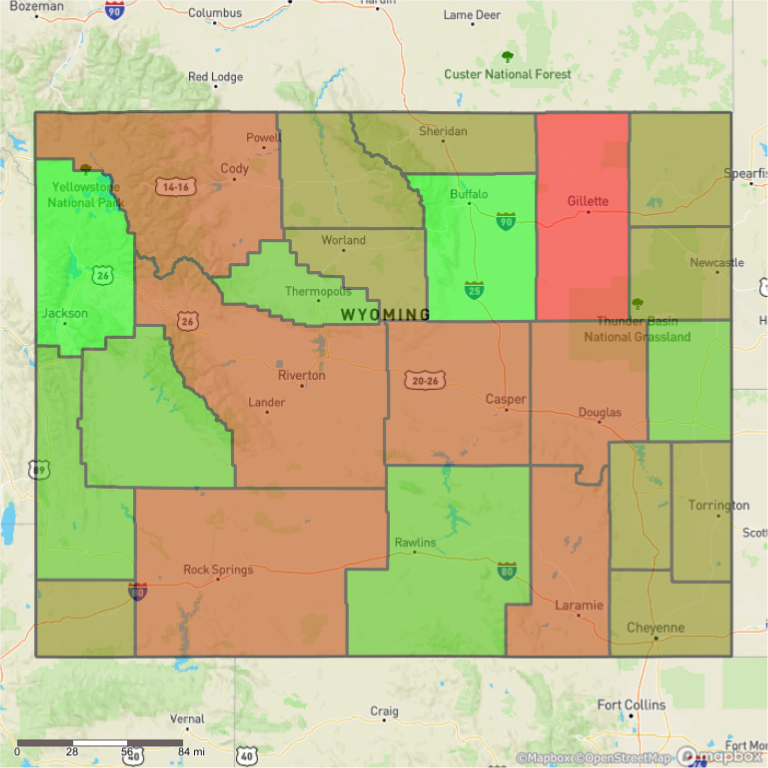 EconomicsShiny's tweet photo. Campbell County is where houses sell the fastest in Wyoming. According to https://t.co/XptZxZpe6T, median list price is $408700, and properties sell after 27 days. Map shows fast (=red) and slow (=green) selling counties  #alteryx #rstats https://t.co/ABCWDipQhy