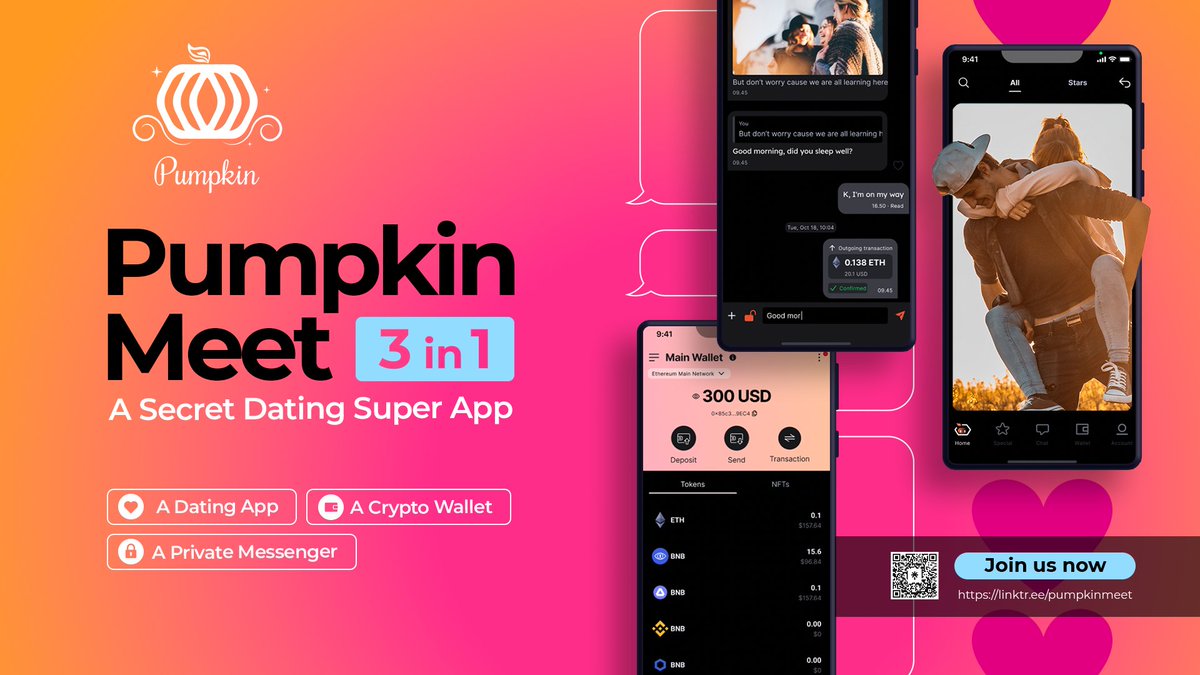 Pumpkin_global's tweet photo. Ready for a new dating experience? Pumpkin Meet has arrived! 🎉

3in1 App:
❤️ Reputation-based #DatingApp
💬End-to-End Encrypted #Messenger
💰Non-custodial #CryptoWallet

Unleash the potential of online dating with #PumpkinMeet!

#SecretDating #SocialFi https://t.co/oFhtfnQQly