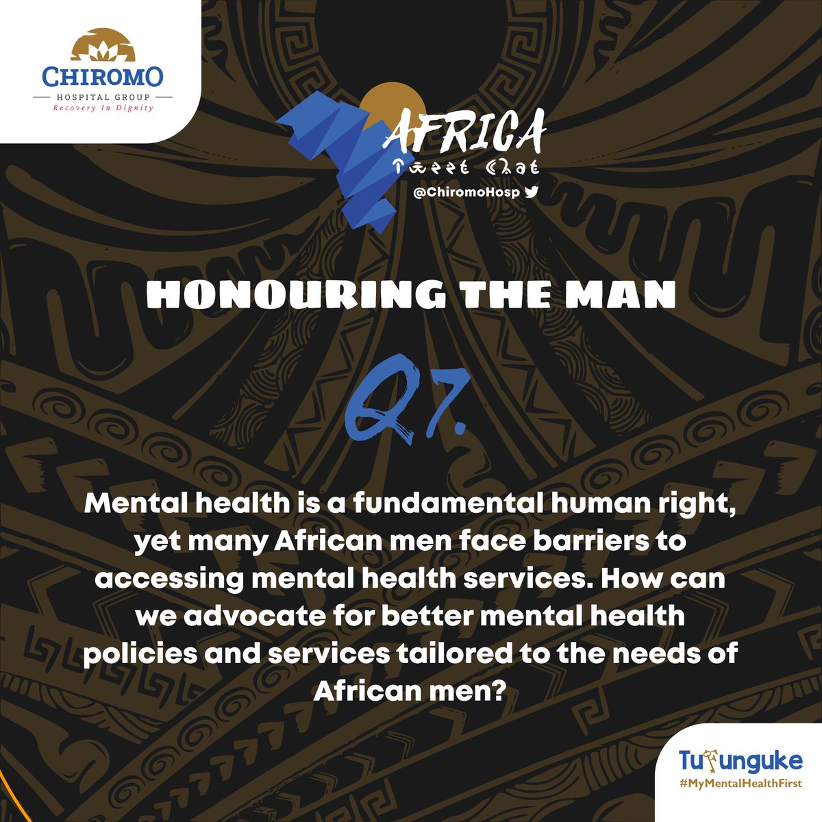 Q7: Mental health is a fundamental human right, yet many African men face barriers to accessing mental health services. How can we advocate for better mental health policies and services tailored to the needs of African men?

#TufungukeWanaume
#HonoringTheMan
#MensHealthMonth