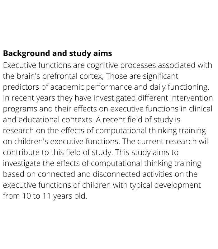 ISRCTN's tweet image. Effect of computational thinking on the executive functions of school-age children. The CT&amp;amp;EF study registered on #ISRCTN by @roble_caro @Uni_Tolima @CogniMachine 

isrctn.com/ISRCTN11380198

#clinicaltrials