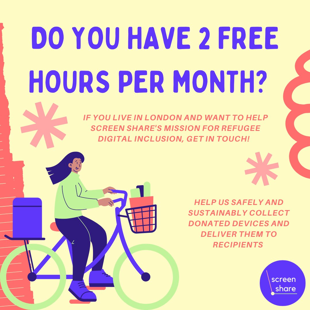 📣 Do you have 2 free hours per month? Screen Share is looking for runners to help us safely & sustainably collect donated devices and deliver them to partner organisations and recipients. DM us to join our mission for refugee #DigitalInclusion, and share with your friends!