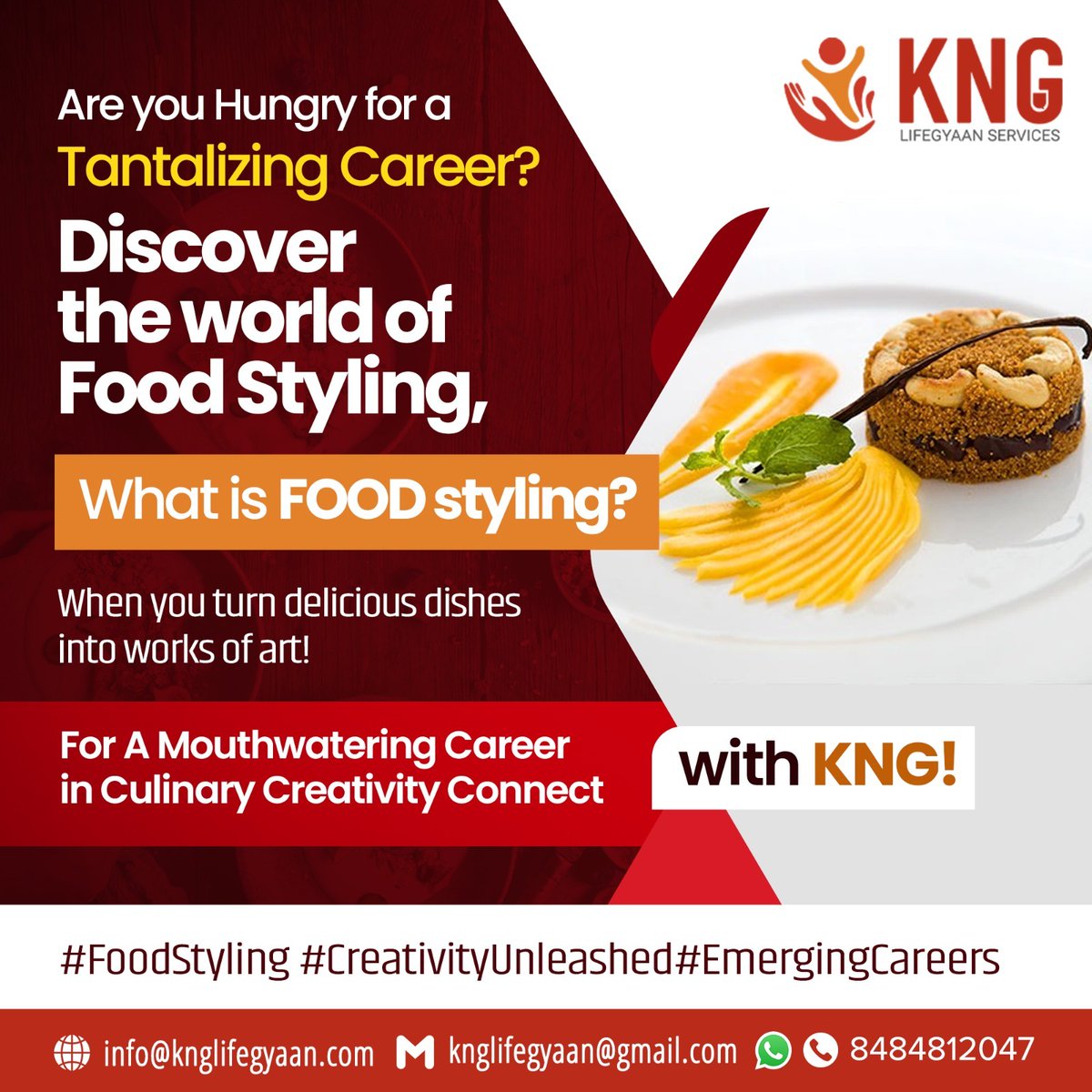 Are you Hungry for a Tantalizing Career? 
Discover the world of Food Styling, 
What is FOOD styling?
When you turn delicious dishes into works of art!
For A Mouthwatering Career in Culinary Creativity 
Connect with KNG!
🎨🌟 #FoodStyling #CreativityUnleashed #EmergingCareers