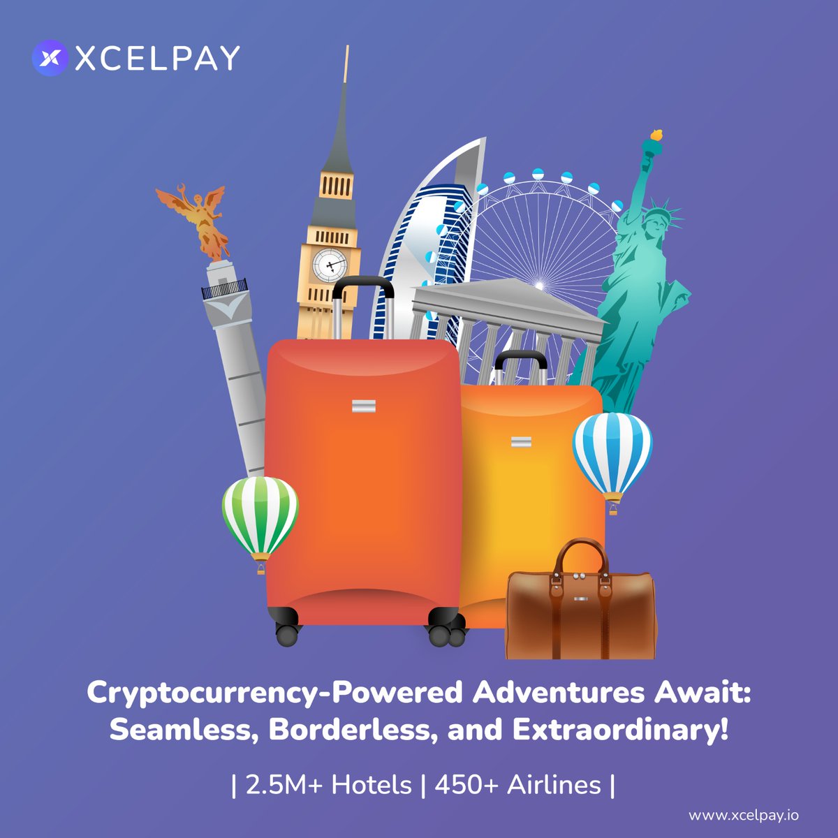 XcelPayWallet's tweet photo. ✈️ Seeking a unique way to experience the world? Book a hassle-free trip with @xceltrip 🧳
Ditch the traditional bookings & embark on a seamless adventure. Book your flights & hotels with #cryptocurrencies, all within the convenience of #XcelPay Wallet. 👉https://t.co/bGCWJN21Dq https://t.co/peqhZyv6Yq