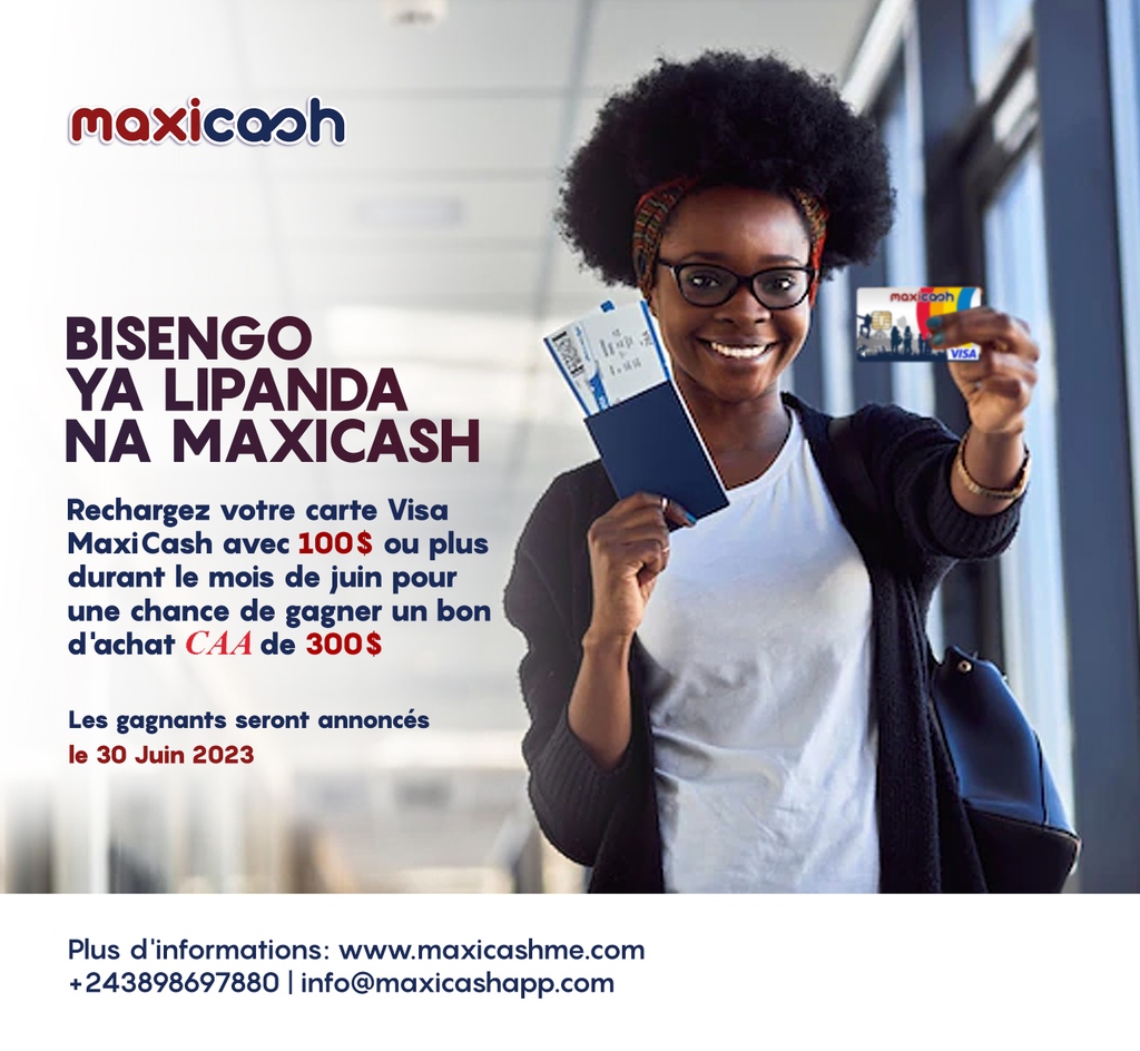 Maxicashapp's tweet photo. Bisengo na bisengo na MaxiCash! Rechargez votre carte Visa MaxiCash avec 100$ ou plus durant le mois de Juin pour une chance de gagner un bon d’achat CAA de 300$.
Partager ce post massivement!
Pour plus d’info: 0898 697 880
#MaxiCashcard #VisaMaxiCash #CaaCongo #Voyager https://t.co/bdanoPyZjg