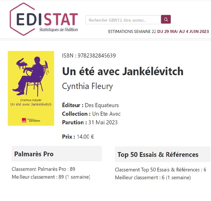 Edistat (@edistat_actu) on Twitter photo Paru le 31 mai, l’essai de @CynthiaFleury sur #Jankélévitch est au 89e rang de Top ventes de livres, tous genres et formats confondus, et au rang 6 de Top ventes «essais & documents».
(estimations de ventes pour la semaine du 29 mai au 4 juin)
<a href="/Equateurs/">Éditions des Équateurs</a> <a href="/franceinter/">France Inter</a> <a href="/philomag/">Philosophie magazine</a> Paru le 31 mai, l’essai de @CynthiaFleury sur #Jankélévitch est au 89e rang de Top ventes de livres, tous genres et formats confondus, et au rang 6 de Top ventes «essais & documents».
(estimations de ventes pour la semaine du 29 mai au 4 juin)
<a href="/Equateurs/">Éditions des Équateurs</a> <a href="/franceinter/">France Inter</a> <a href="/philomag/">Philosophie magazine</a>