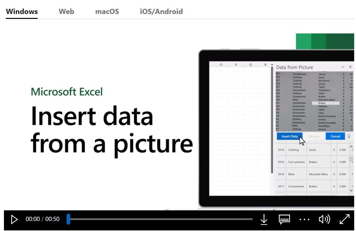 Insert data from picture:
With the Data from Picture feature, you can insert data from a screen capture on your clipboard, or an image file from your computer.

support.microsoft.com/en-gb/office/i…