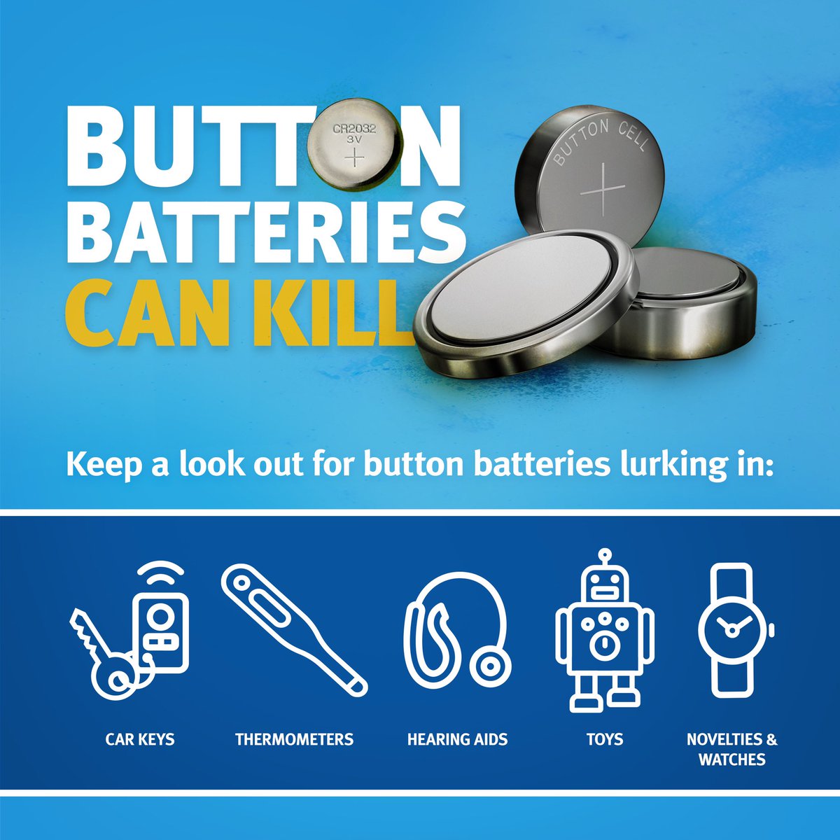 qldhealth's tweet image. This International #ButtonBatteryAwareness Day, we’re reminded that vigilance about the risks of button batteries remains more important than ever, as 20 children present to hospitals in Australia each week.

#QldHealth
