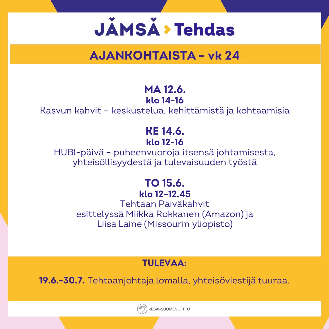 Tehtaalla on luvassa mielenkiintoinen viikko - tänään Kasvun kahvit klo 14-16, keskiviikkona HUBI-päivä ja torstaina Päiväkahvilla Miikka Rokkanen Amazonilta ja Liisa Laine Missourin yliopistosta. 🥳
#jämsätehdas #hyvätyöpäiväkokemus #töissäjämsässä #etätyö #jämsä #keskisuomi