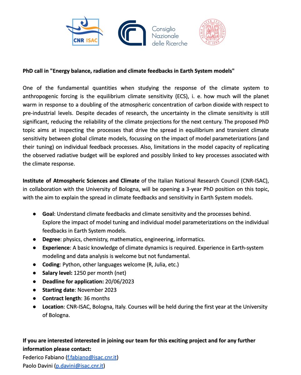 Do you want to understand more about the climate sensitivity of the Earth?🌍Do you want to get why we tune Earth System Models and try to shed light on which are the consequences?🖥️Thus apply for this PhD position @Unibo to work with Federico and me and this challening topic!🚀