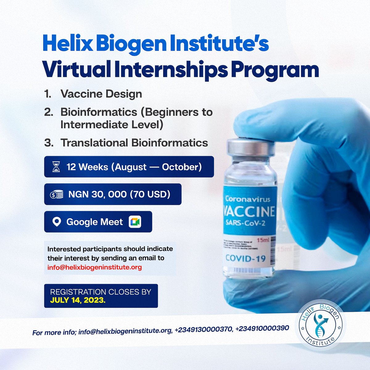 HelixBiogenInst's tweet image. 🔬 Join us at Helix Biogen Institute for a transformative virtual internship in Bioinformatics! Unlock the secrets of the genome and make a real impact in genetic research. Apply now! #Bioinformatics #VirtualInternship #Genomics #ResearchOpportunity