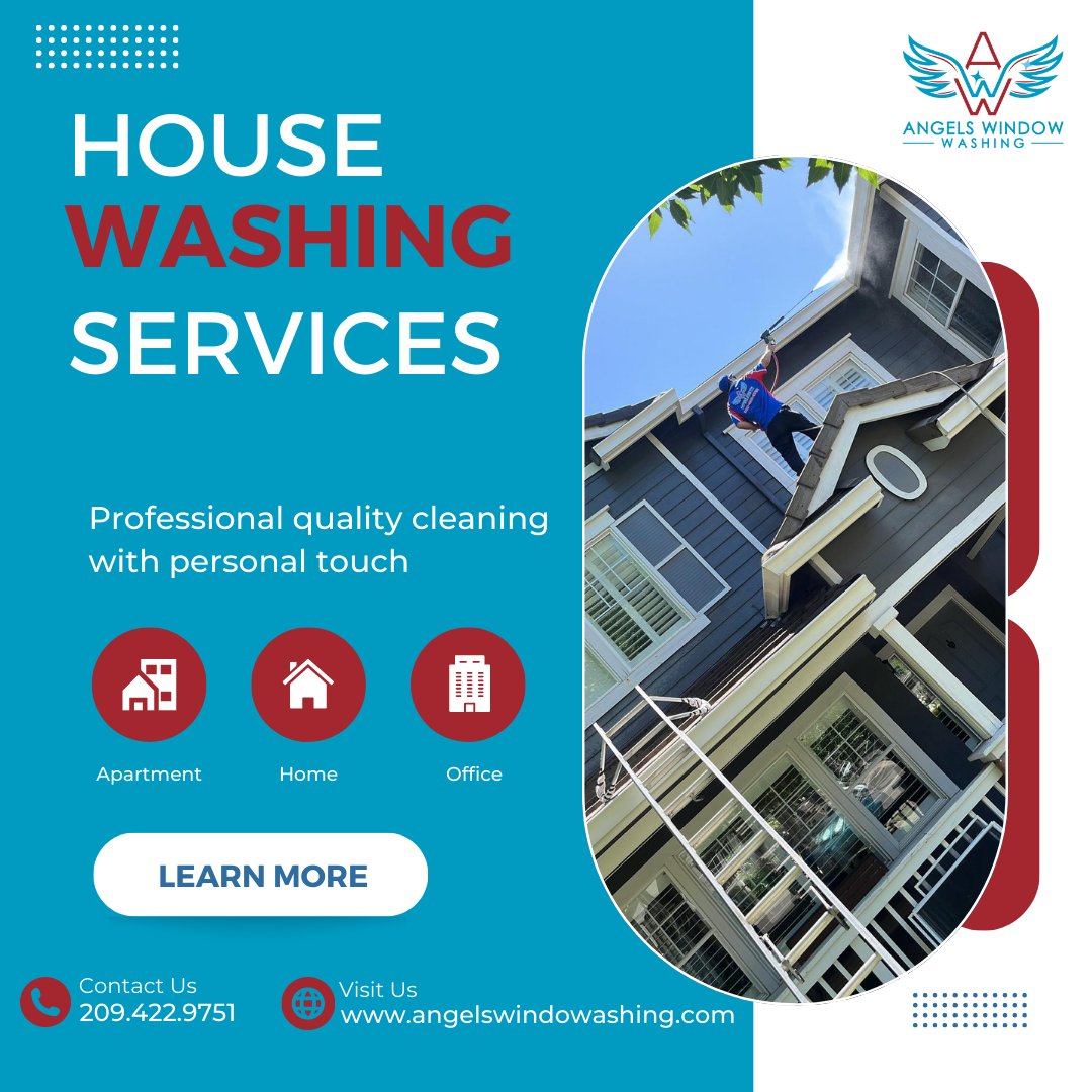 🏠 Is your house exterior look dirty? 

🧹 Let's wash it with the help of professionals: Angels Window Washing.
We provide house washing service in Modesto and near the surroundings, and we use a genuine wash technique to maintain the quality of your wall and paint.
#housewashing