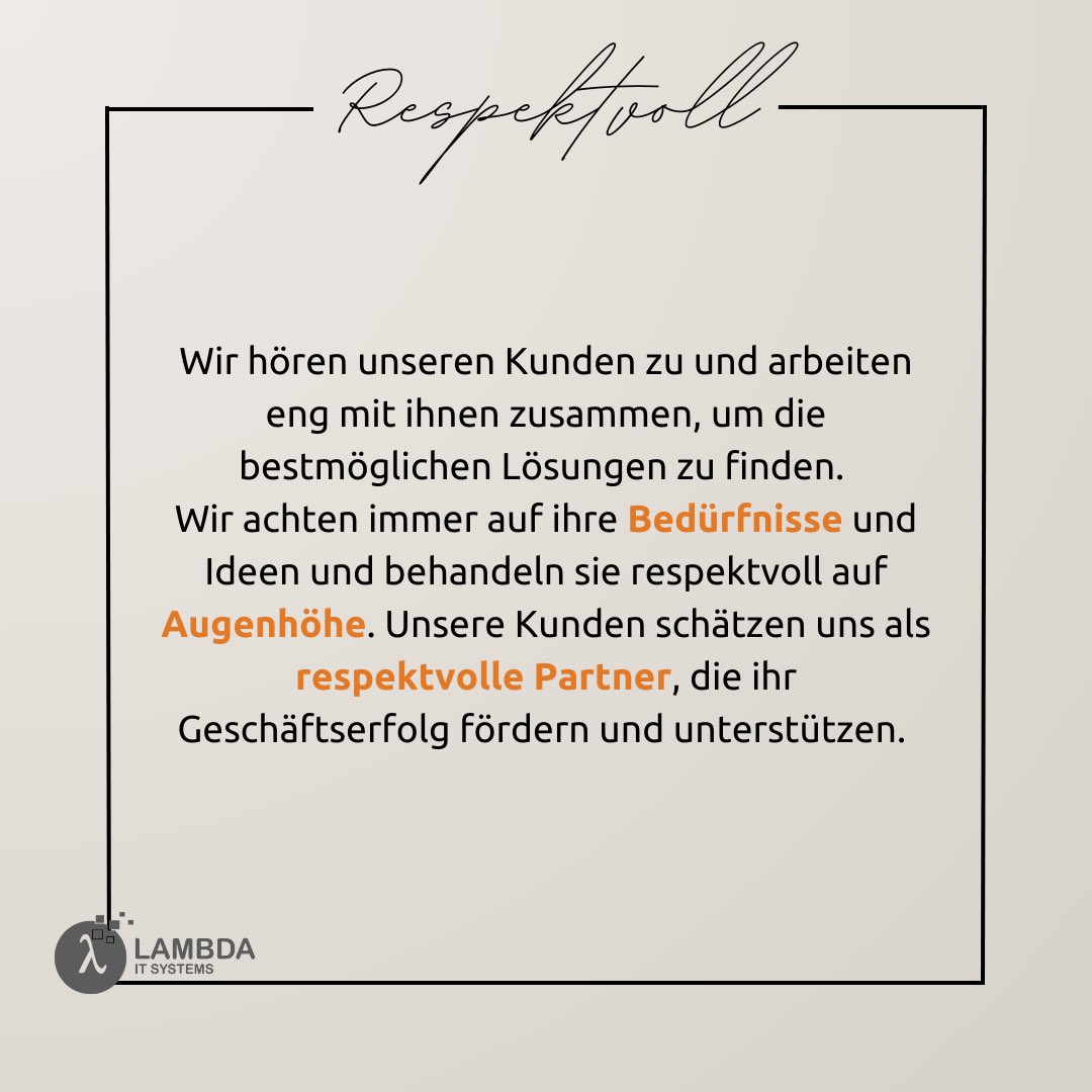 Als eure #Full_Service_Partner in allen IT-Belangen ist es uns ein Anliegen, euch nicht nur fachkundige Lösungen anzubieten, sondern auch respektvolle Zusammenarbeit zu gewährleisten. #Respekt ist für uns nicht nur ein Wort, sondern eine gelebte Haltung.
#TeamLambda_IT
