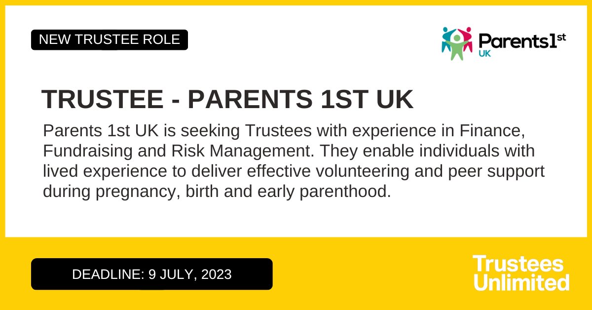 *** NEW TRUSTEE ROLE *** 

@Parents1st is seeking new Trustees with Finance, Fundraising and Risk Management experience.

Deadline: 9 July

More info: ow.ly/gCw950OIQGw

#Leadership #Governance #CharityTrustee #TrusteeRole #Trustee #GoodGovernance #CharityRole #CharityJob