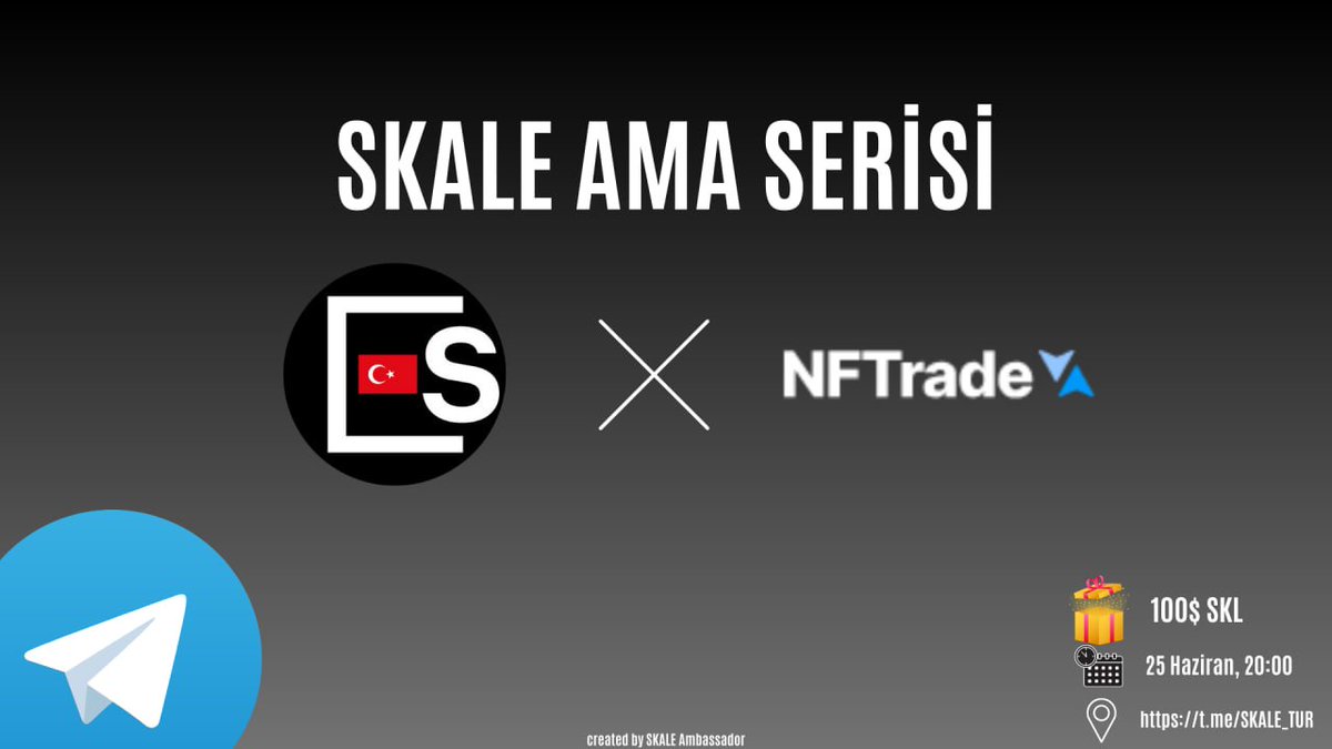 SKALE Türkiye (@skaleturkish) on Twitter photo SKALE Türkiye topluluğu 25 Haziran, 20:00'da 50$ değerinde "Bana İstediğini Sor"(#AMA) etkinliğinde <a href="/NFTrade_Turkey/">NFTrade TÜRKİYE</a> ile buluşuyor!
Ayrıca bu tweet'i beğenip paylaşan(RT) ve aşağıda ki hesapları takip eden 2 kişi için $50 dolarlık bir havuzumuz var! SKALE Türkiye topluluğu 25 Haziran, 20:00'da 50$ değerinde "Bana İstediğini Sor"(#AMA) etkinliğinde <a href="/NFTrade_Turkey/">NFTrade TÜRKİYE</a> ile buluşuyor!
Ayrıca bu tweet'i beğenip paylaşan(RT) ve aşağıda ki hesapları takip eden 2 kişi için $50 dolarlık bir havuzumuz var!