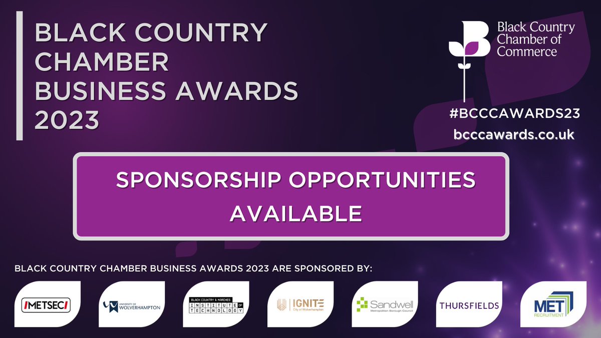 We would like to take this opportunity to thank our #BCCCAwards23 sponsors!

If you are interested in #sponsoring one of our #awards please email awards@blackcountrychamber.co.uk

View our awards categories here ➡️ loom.ly/i5GjaSM

#businessisdonebettertogether