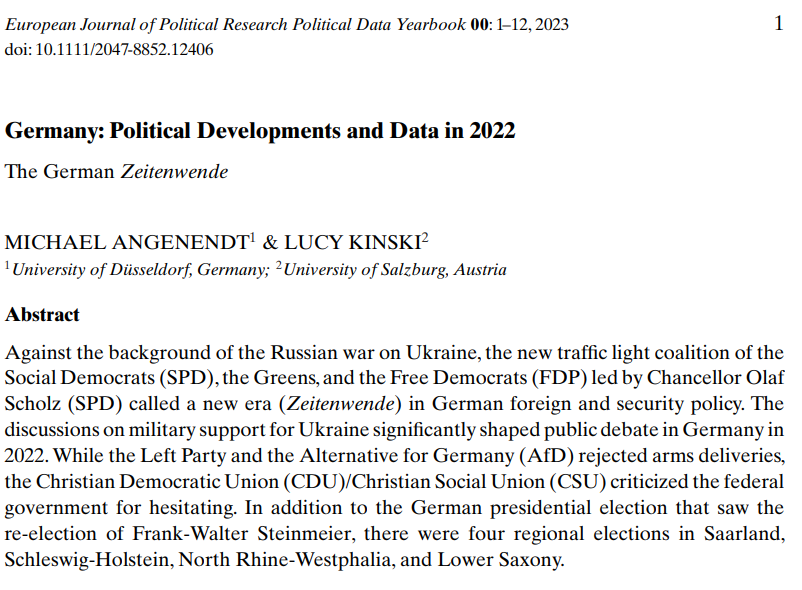 📢Curious about the Zeitenwende in #German politics? @m_angenendt & I got you covered on elections, government, parliament & parties in #Germany in 2022 @pdyearbook @EJPRjournal @SCEUS_Salzburg @HHU_de #OpenAccess 
ejpr.onlinelibrary.wiley.com/doi/full/10.11…