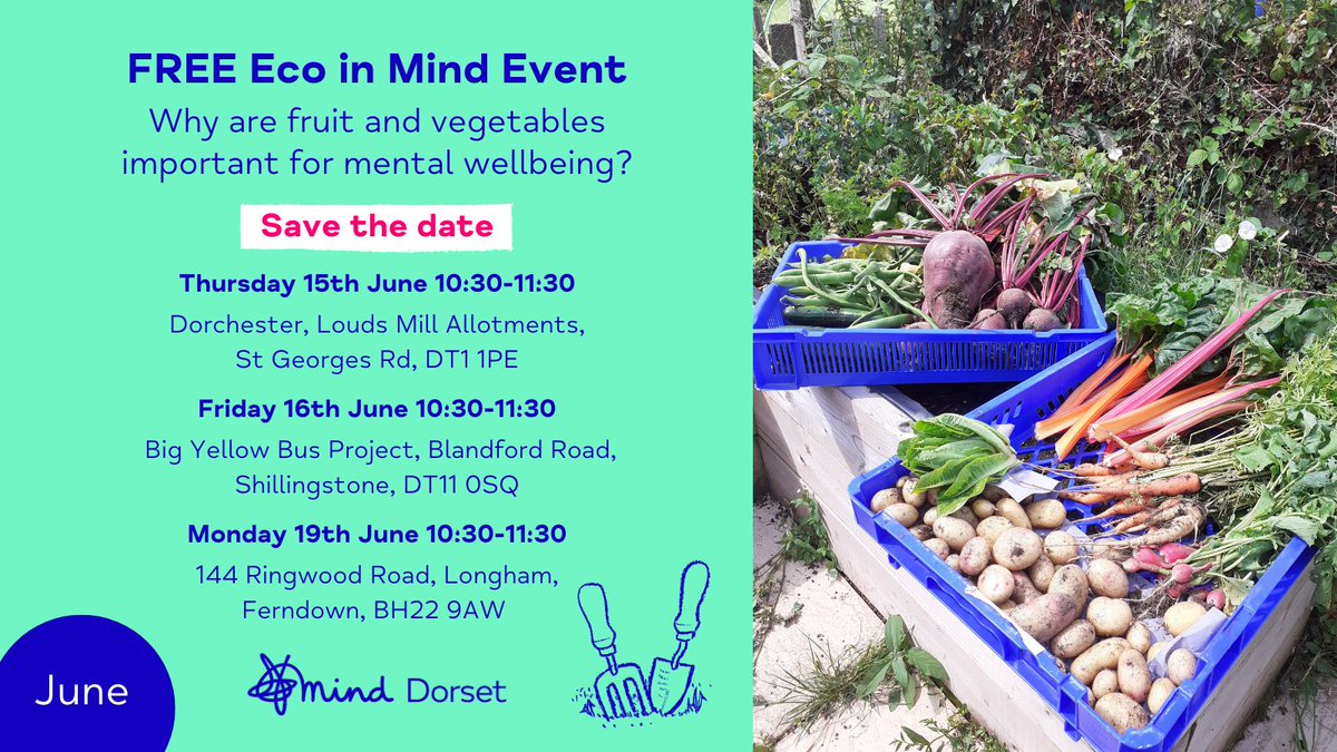 DorsetMind's tweet photo. โญYou're invited!
๐ Learn about the importance of fruit & veg for #wellbeing.
๐ Take away ideas & inspo on how to prepare, cook & make meals.
Register via mail (18+): ecoinmind@dorsetmind.uk
@DrAndyMayers @HealthyDorset @DorsetCouncilUK #GrowingforWellbeing #DorsetMind https://t.co/KRJUcITozj
