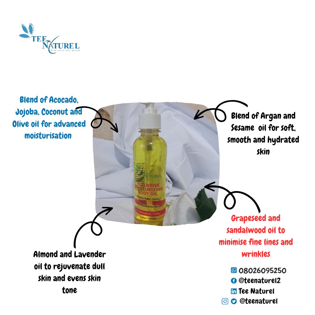 teenaturel's tweet photo. Let joy pass through your skin with Tee Naturel Intensive Moisturizing body oil.
Price - #3500
#Mondaymorning #DemocracyDay #skinoil #healthyskin https://t.co/OHDjCj2KaI