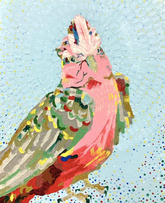 油絵のオーダーでモモイロインコを描かせていただきました。 上手く描けすぎてびっくりしています