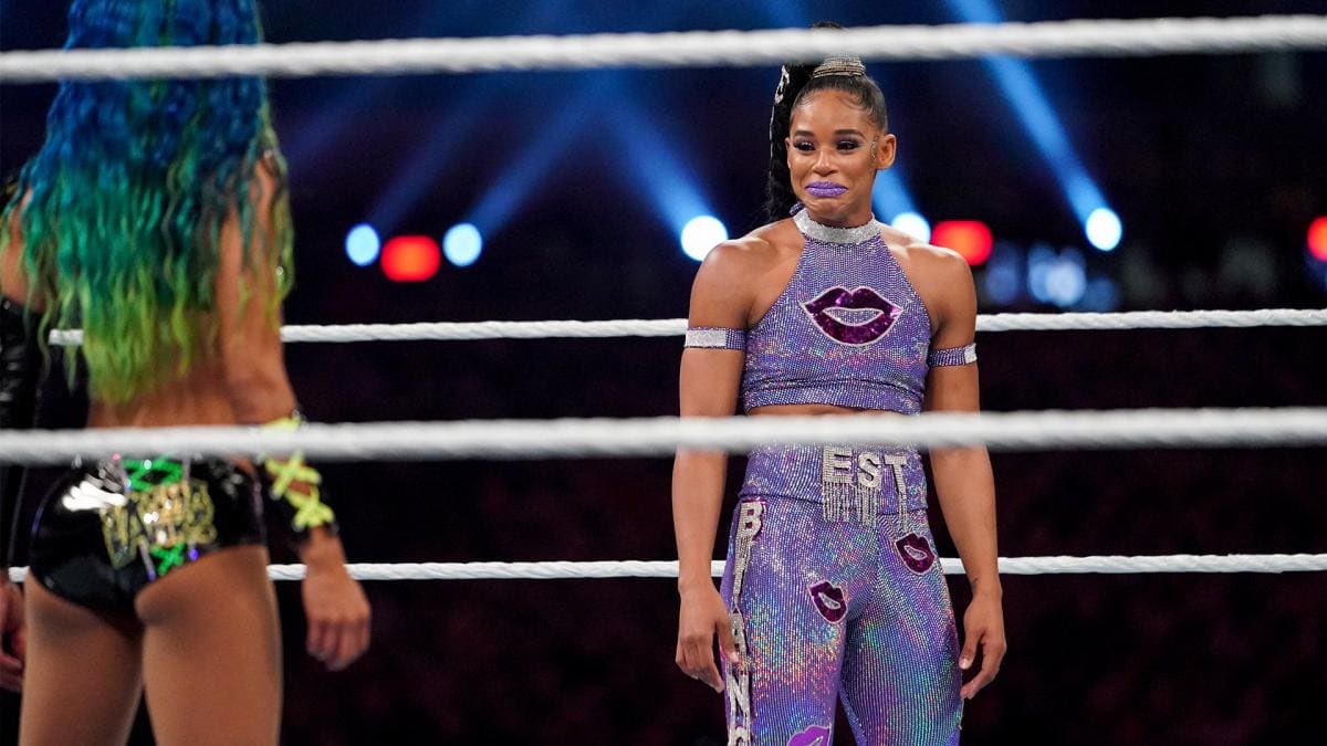 Bianca fighting back tears with  Mercedes (Sasha Banks). First time in history 2 black women were the main event of Wrestlemania.