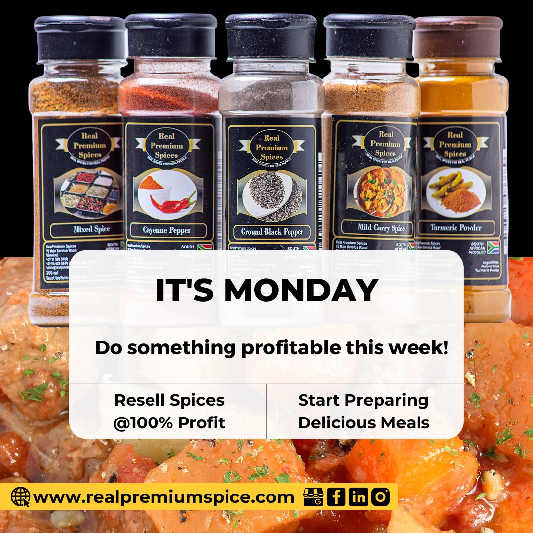 It's a #Monday. How about we do something profitable this week? #MakeMoney Selling #RealPremiumSpices  #Enjoy #DeliciousMeals prepared with #RealPremiumSpices.