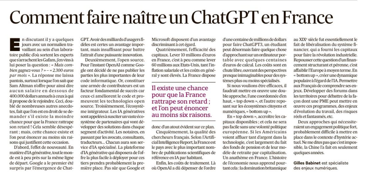 babgi's tweet photo. Faire qu'en France et en Europe se développe une forte expertise sur les intelligences génératives nécessitera à minima d'un peu d'audace. 
In Les Echos. https://t.co/Zb7cWAPM5c