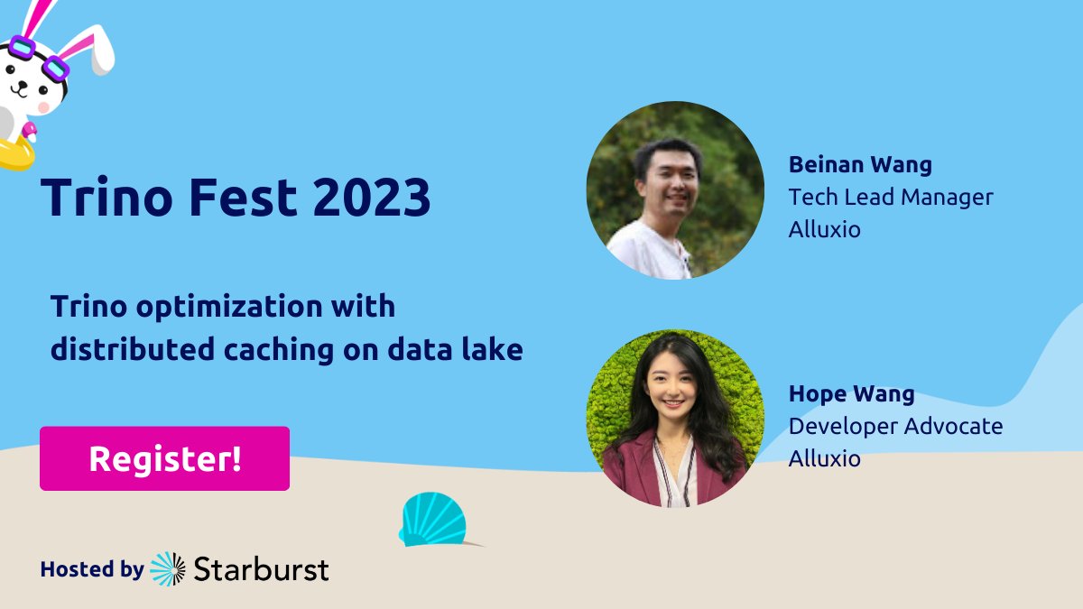 victorcouste's tweet image. ⛱Trino Fest is coming up soon and we have some awesome sessions coming your way, including this one with @Alluxio. Beinan Wang and Hope Wang will discuss @trinodb optimization with distributed caching on a #datalake.

🐰Register here: okt.to/XoGuFq
#trinodb #opensource