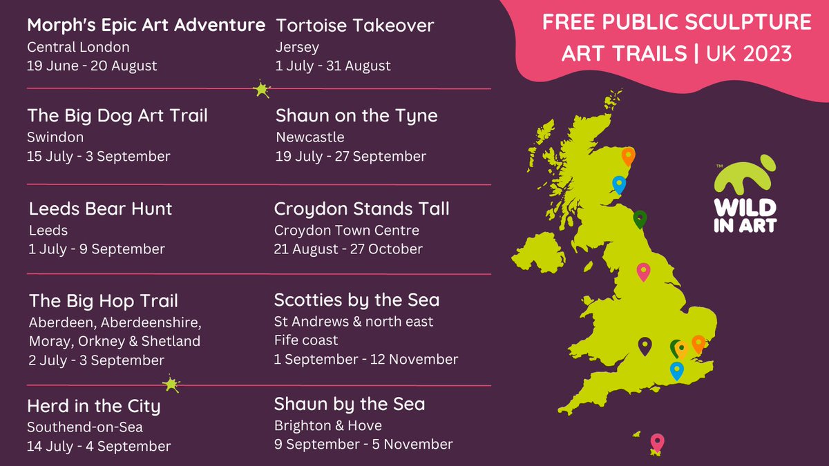 📆 DATES FOR YOUR DIARY 📆

Here is the summer and autumn schedule of 10 free #wildinart sculpture art trails in the UK ⭐️

Each trail is free to explore, with an app available to track your sculpture spots and collect exciting rewards along the way 📲

wildinart.co.uk/events/