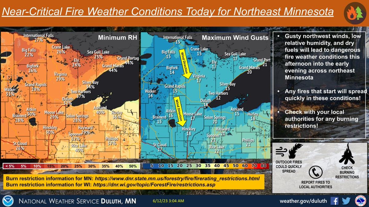 Dry conditions and gusty northwest winds will lead to near critical fire weather conditions Today. Driest conditions will be in far northern Minnesota, while the strongest winds remain in NW WI and south of Highway 2 in MN. These could lead to quick fire spread. #mnwx #wiwx https://t.co/w56f2jT6kF