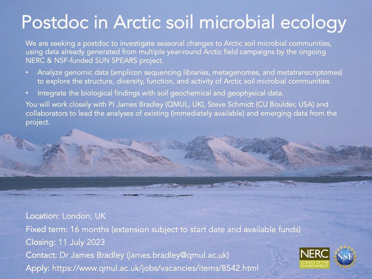 📢 I am recruiting a #postdoc #PDRA in Arctic soil microbial ecology 📢
Join @NERCscience @NSF project SUN SPEARS to investigate how seasonal processes shape Arctic soils 🦠🧬❄️
@QMUL London, UK
Closing: 11 Jul
Pls RT!
qmul.ac.uk/jobs/vacancies…