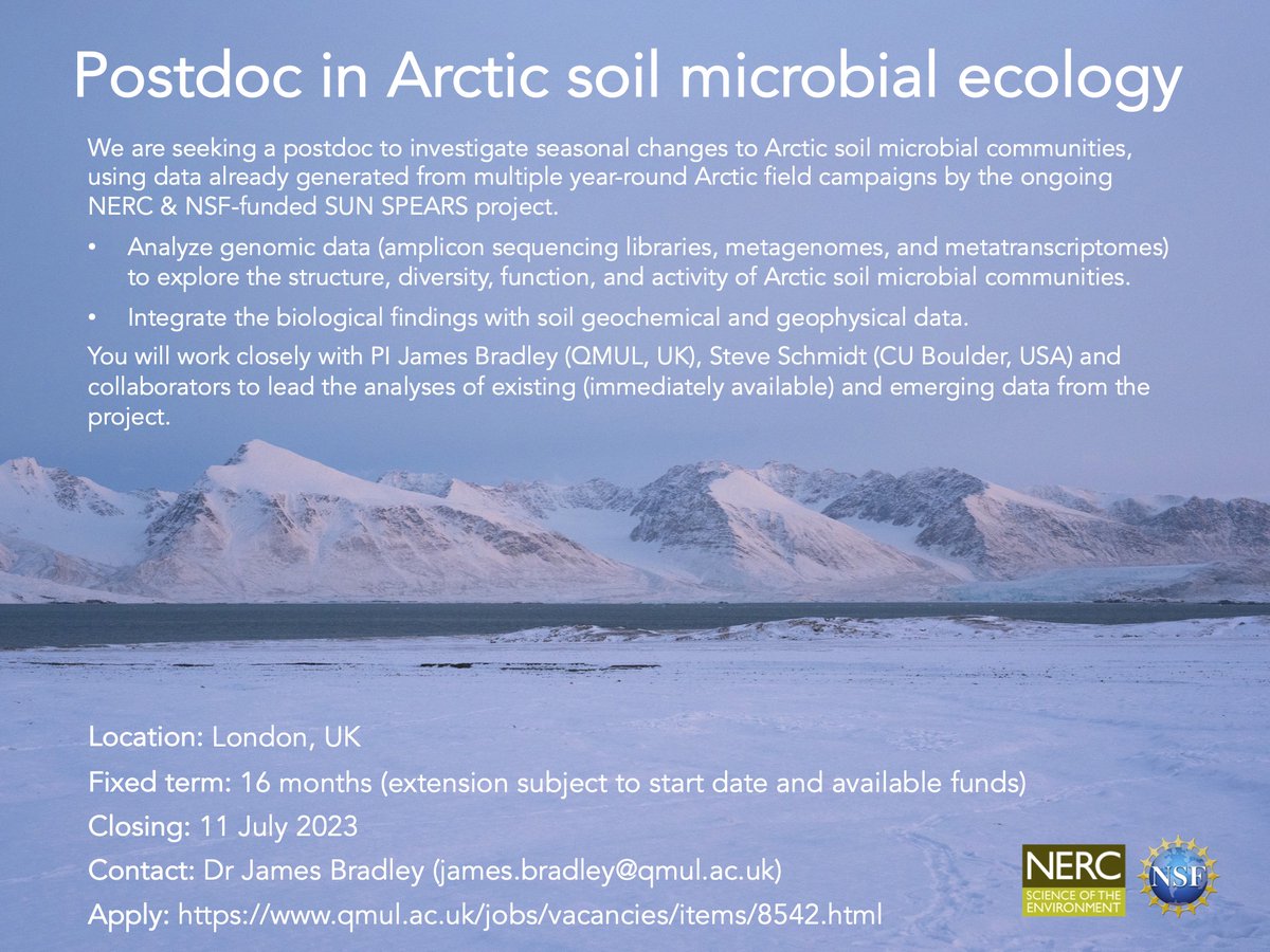 James Bradley (@drbradbrad) on Twitter photo 📢 I am recruiting a #postdoc #PDRA in Arctic soil microbial ecology 📢
Join <a href="/NERCscience/">Natural Environment Research Council</a> <a href="/NSF/">U.S. National Science Foundation</a> project SUN SPEARS to investigate how seasonal processes shape Arctic soils 🦠🧬❄️
<a href="/QMUL/">Queen Mary University of London</a> London, UK
Closing: 11 Jul
Pls RT!
qmul.ac.uk/jobs/vacancies… 📢 I am recruiting a #postdoc #PDRA in Arctic soil microbial ecology 📢
Join <a href="/NERCscience/">Natural Environment Research Council</a> <a href="/NSF/">U.S. National Science Foundation</a> project SUN SPEARS to investigate how seasonal processes shape Arctic soils 🦠🧬❄️
<a href="/QMUL/">Queen Mary University of London</a> London, UK
Closing: 11 Jul
Pls RT!
qmul.ac.uk/jobs/vacancies…