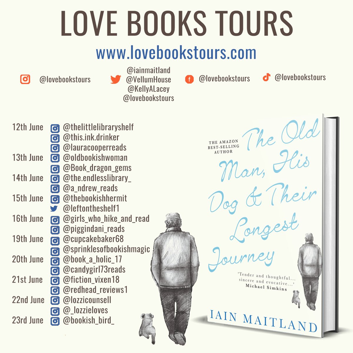 Lovebookstours's tweet photo. Follow the #virtualbooktour of The Old Man, His Dog &amp; Their Longest Journey by Iain Maitland @iainmaitland @VellumHouse. Follow Ian and his Jack Russell on a touching adventure of love, loss, and family ties.

#Booktwt #Bookstagram #Bookreviews https://t.co/JPRqb4POpa
