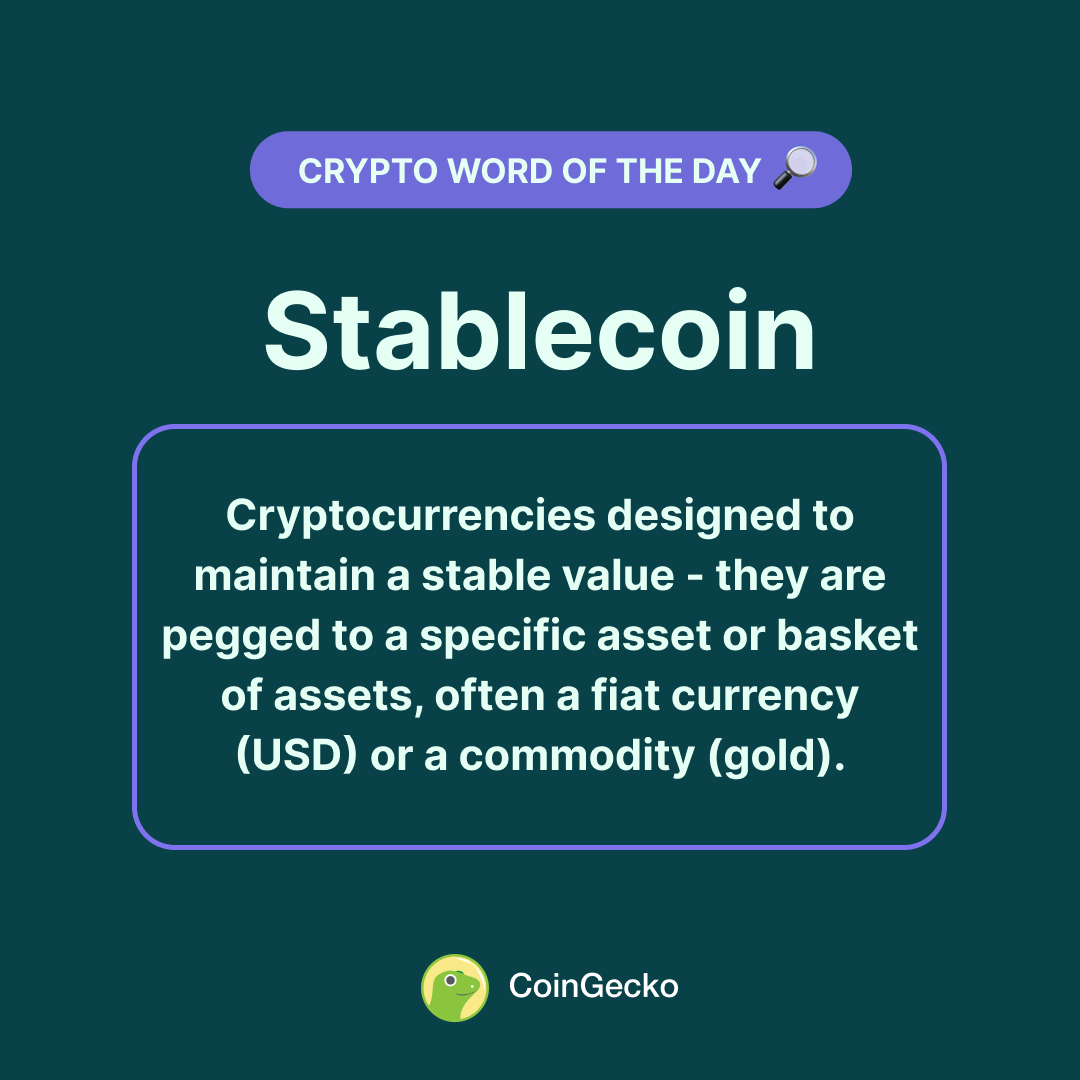 coingecko's tweet photo. #Crypto Word Of The Day: "Stablecoin"

Examples of Stablecoins: $USDC, $USDT, $XAUT, $FRAX, etc

Check out our glossary 👉 https://t.co/X6x5SefHsI https://t.co/CY8HqMMwtY