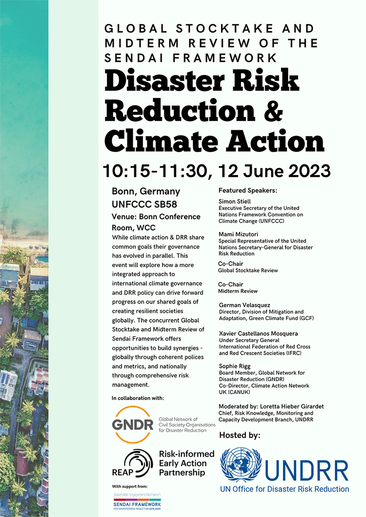 Starting in a few at #BonnClimateConference 

<a href="/UNDRR/">UNDRR</a> side event aiming to explore how a more integrated approach to international climate governance and #DRR policy can drive forward progress on our shared goals of creating resilient societies globally.

📺bit.ly/43wILuU