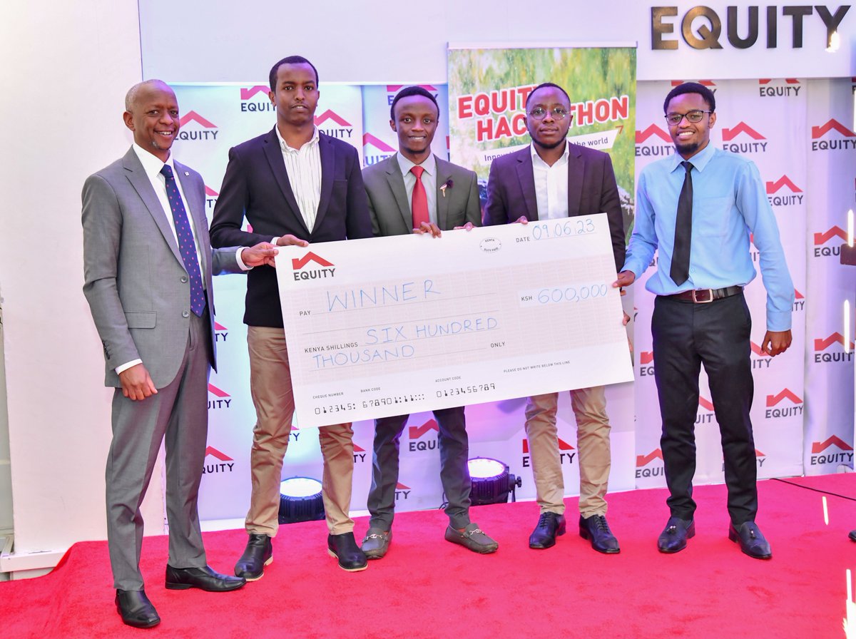 KeEquityBank's tweet photo. Equity Group Chief Technology Officer Marshal Luusa (far left) presents a dummy cheque of Kshs. 600,000 to Team Tech-Hub members from left, Abdiaziz Abdi, Eric Mbatia, Meshack Kitonga, and John Njau who won under the Social Outcomes Category. #EquityHackathon #Innovation https://t.co/FmVwZPijjJ